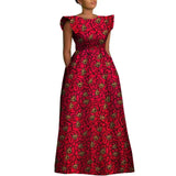 The "Heritage Queen" Floor-Length Gown: Bold Ankara Wax Cotton Dress with Short Sleeves