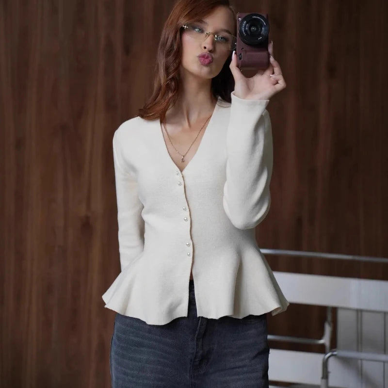 The "Lotus Leaf" Ruffle Knit Cardigan | Elegant Long-Sleeved V-Neck Blouse