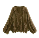 Women’s Elegant V-Neck Blouse – Single-Breasted Long Sleeve Shirt