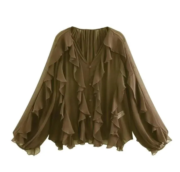 Women’s Elegant V-Neck Blouse – Single-Breasted Long Sleeve Shirt