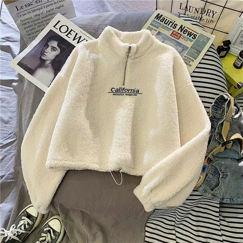 Women's Trendy Lamb Wool Long Sleeve Hoodie | Plush Embroidered Versatile Top