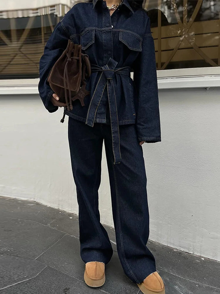 Women’s 2-Piece Denim Long Pants Suit – Y2K Lace Up Lapel Jacket & Straight Leg Jeans Set