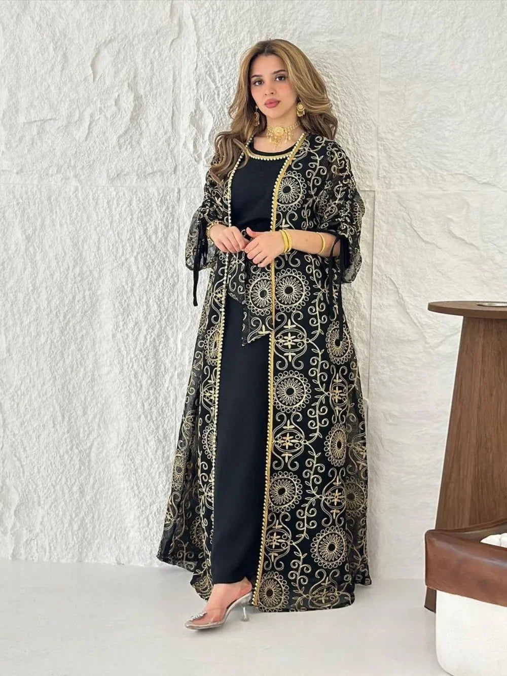 Muslim Women’s 2-Piece Abaya Set for Eid | Embroidered Open Cardigan and Lace-Up Inner Dress