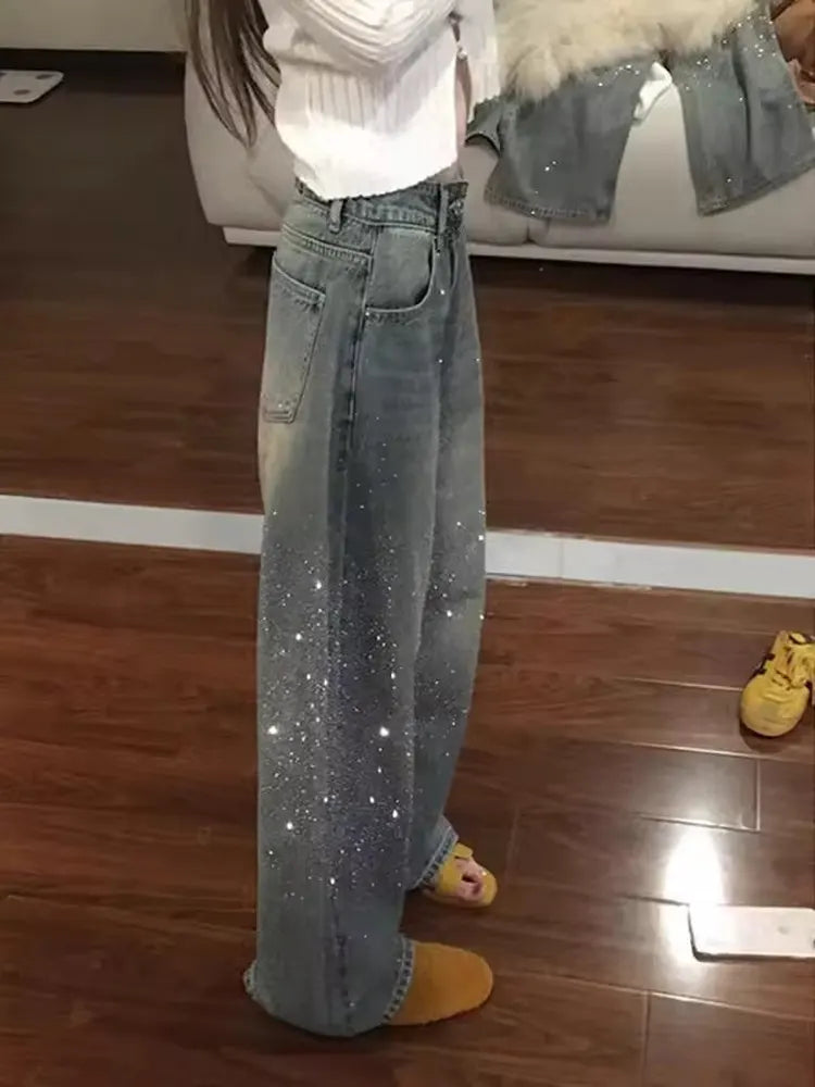 Damen Y2K Baggy Strass-Jeans | Harajuku Vintage Denim-Hose