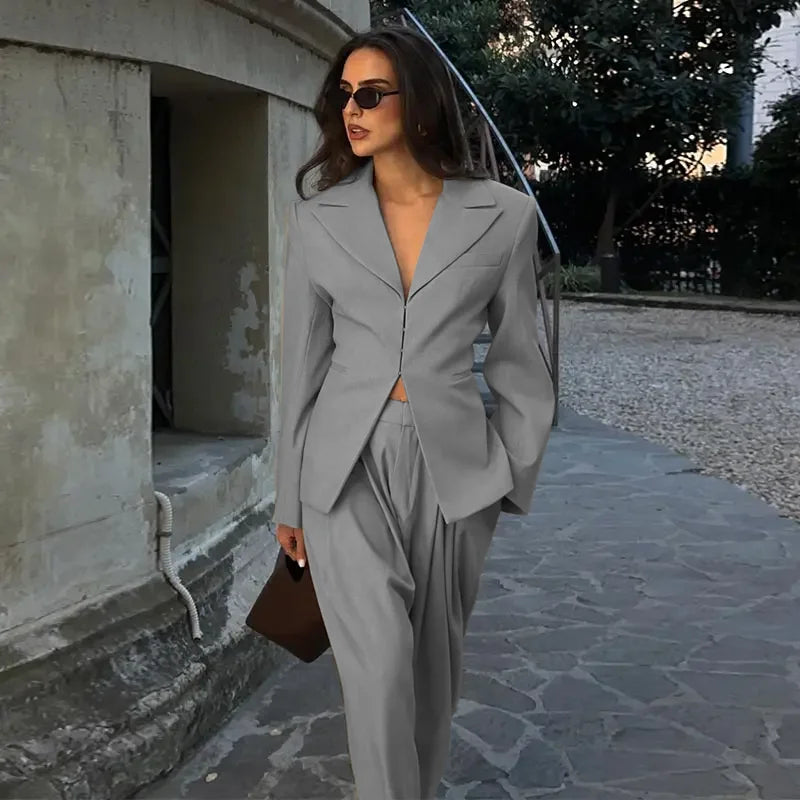 V-Neck Blazer & Wide-Leg Pants Set | Women’s Single-Breasted Pocket Jacket & Trousers