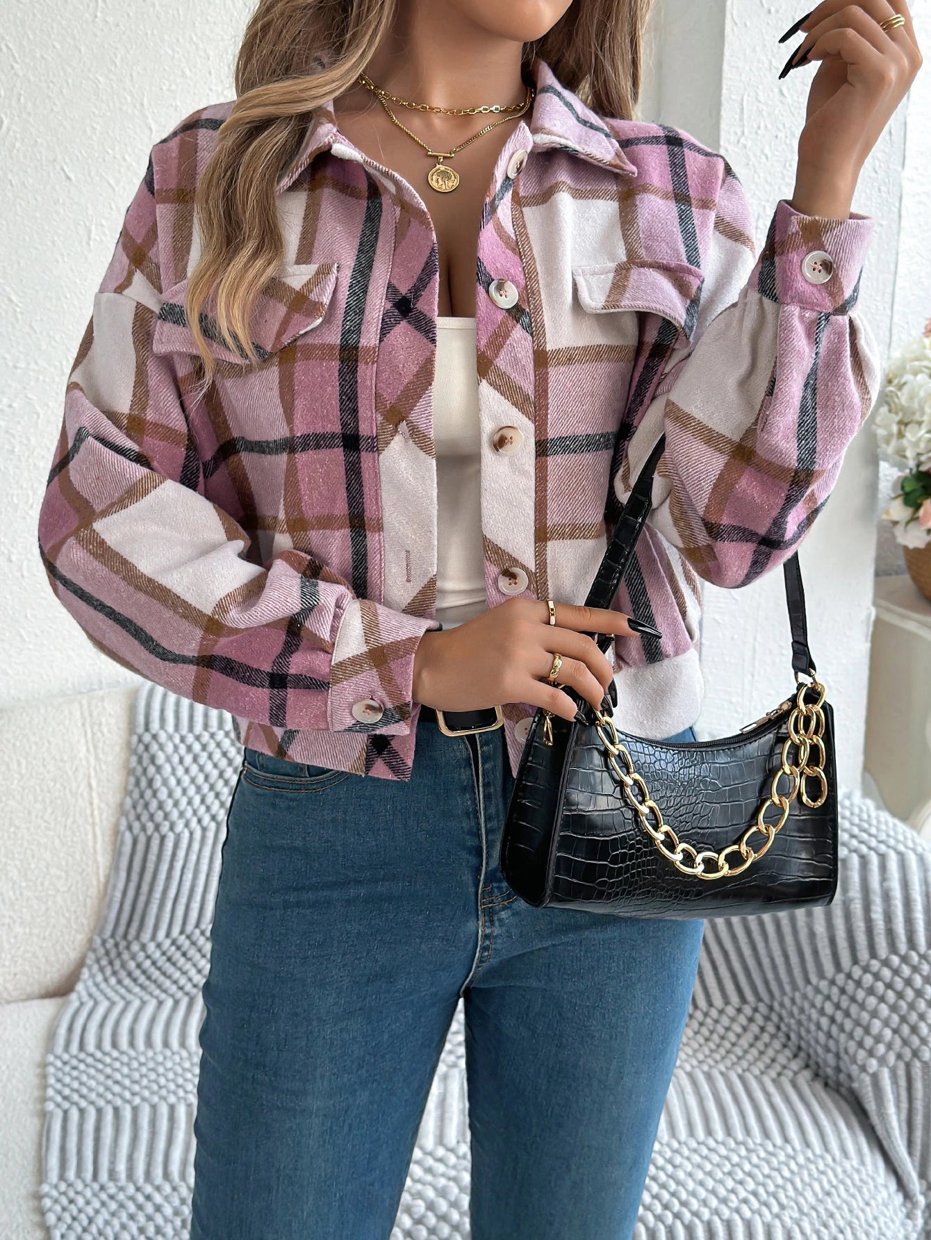 Damen karierte Cropped Wolljacke – Laternenärmel Knopfleistenmantel