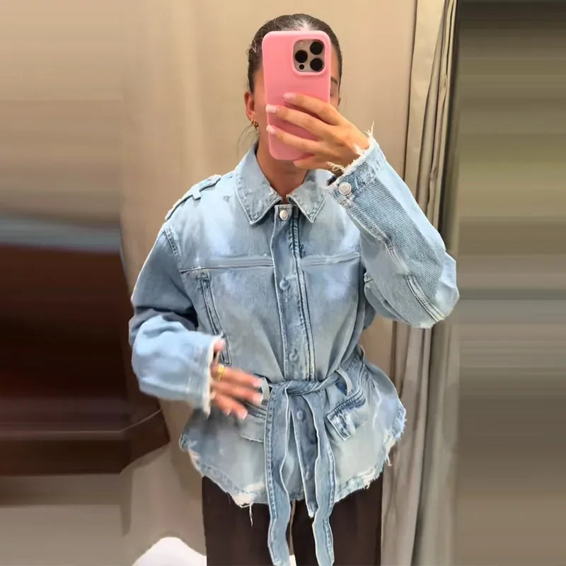 Blue Belted Denim Jacket for Women | Lace-Up Full Sleeve Lapel Coat