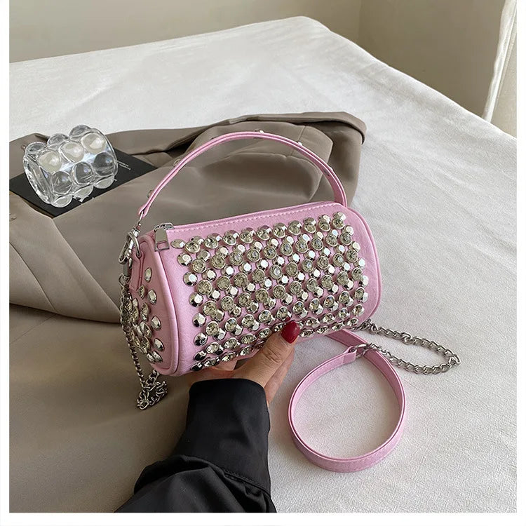 Luxuriöse Zylinder-Strass-Schultertasche | Handgefertigte Kristall-Kissen-Umhängetasche