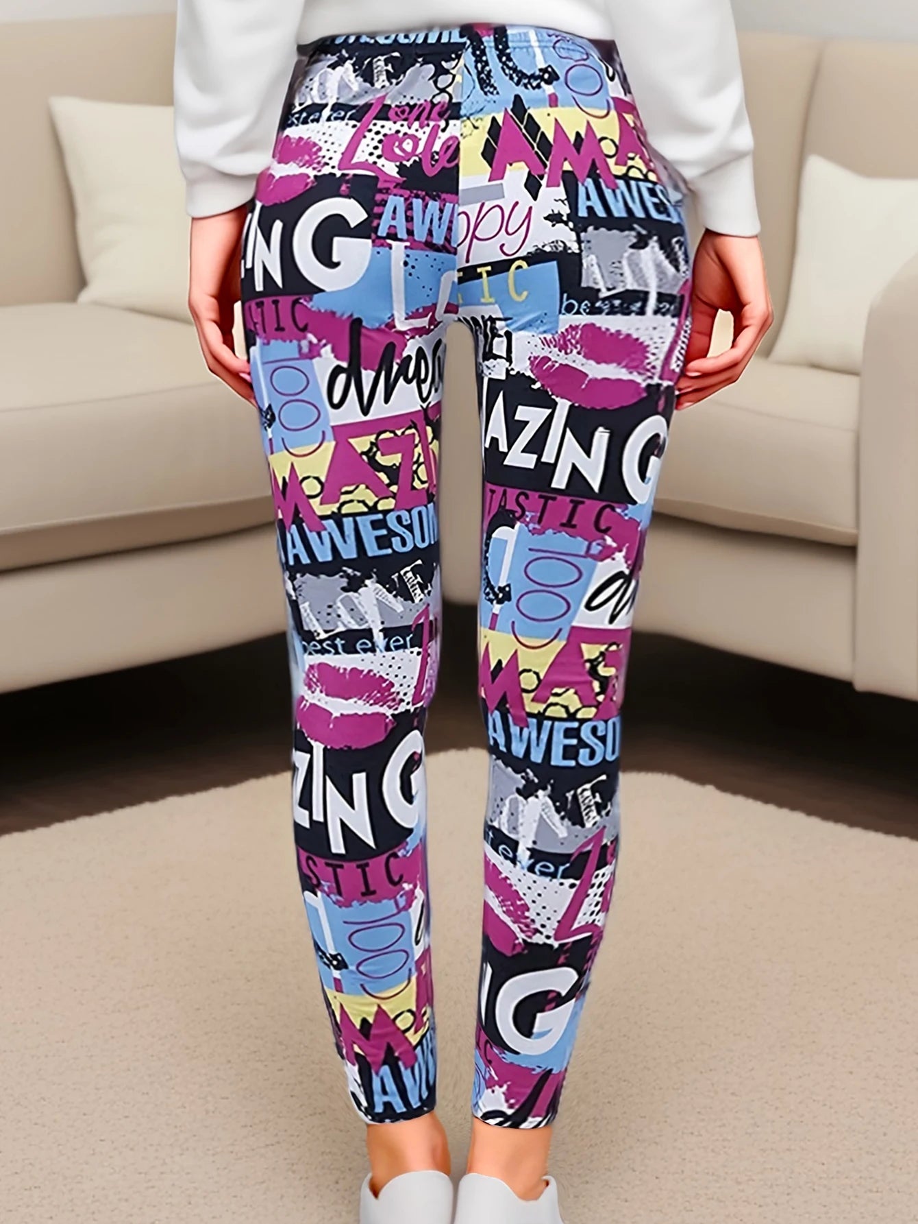 Women’s Graffiti Print High-Stretch Leggings Brushed Soft High-Waist Sexy Nine-Point