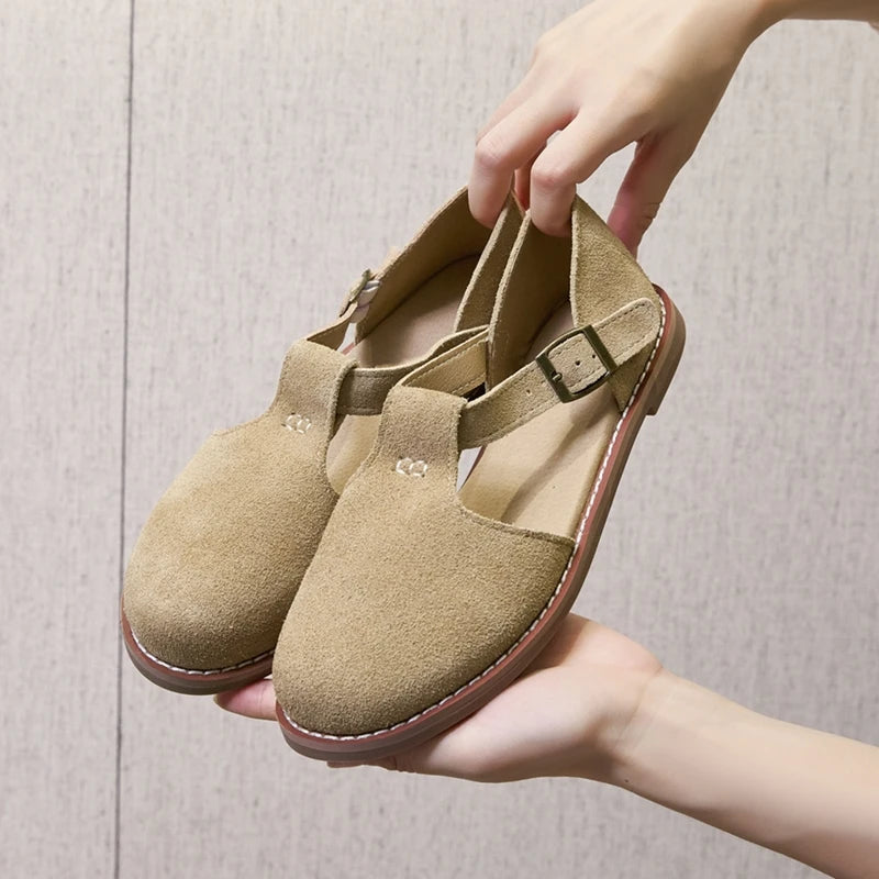 Damen Sandalen aus echtem gefrostetem Leder im Römerstil – Retro-Baotou-Flats mit Hohlmuster