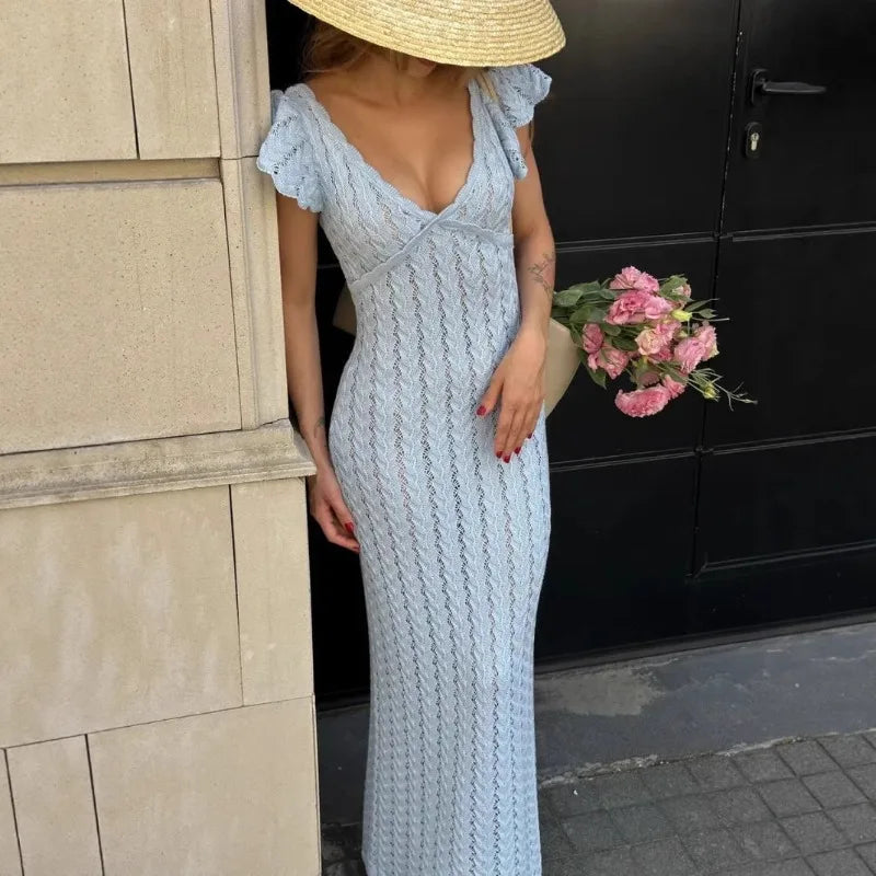 Women’s Ruffle Knit Long Dress – Sexy V-Neck Backless Evening Dress