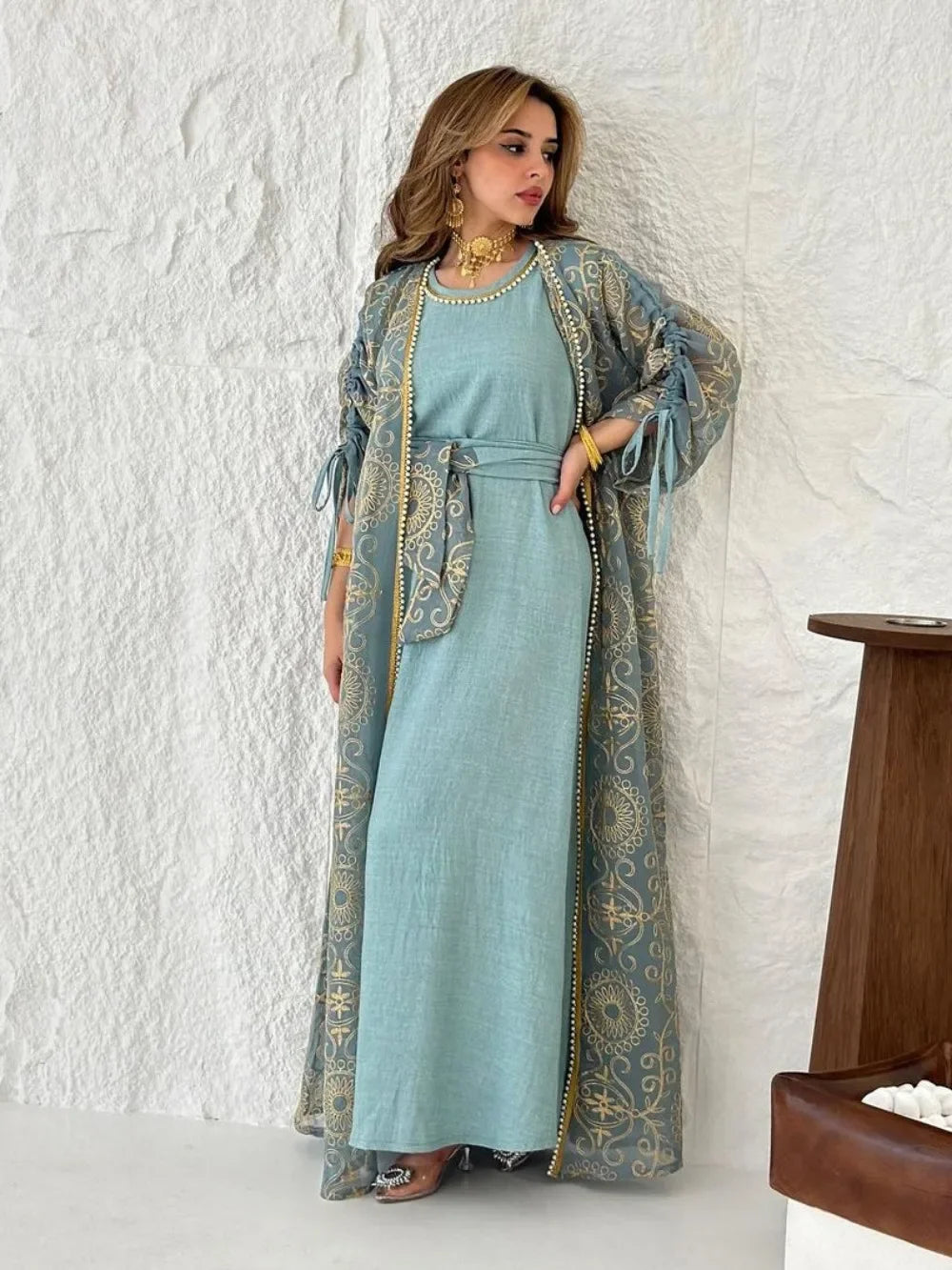 Muslim Women’s 2-Piece Abaya Set for Eid | Embroidered Open Cardigan and Lace-Up Inner Dress