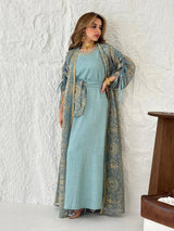 Muslim Women’s 2-Piece Abaya Set for Eid | Embroidered Open Cardigan and Lace-Up Inner Dress