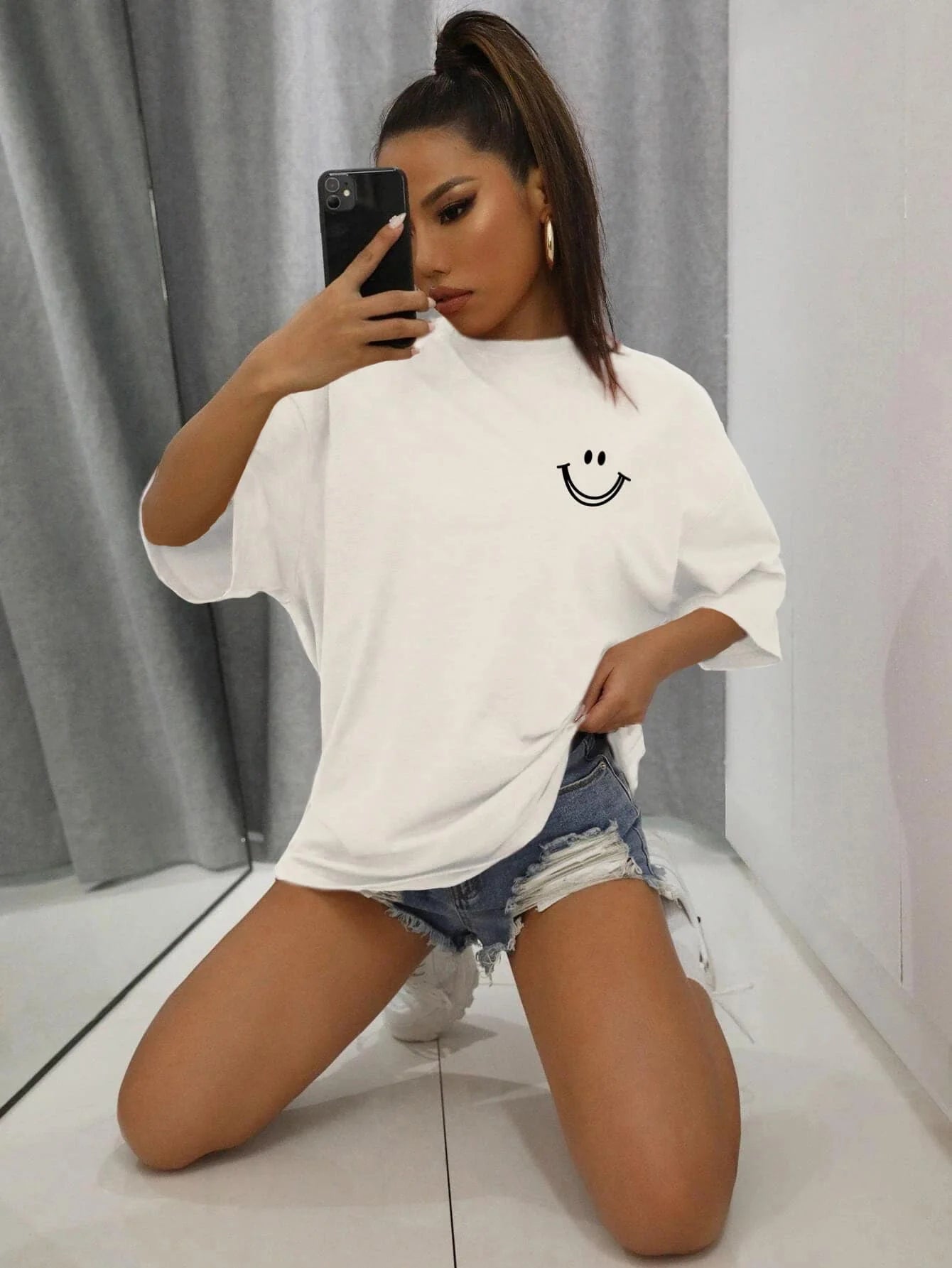 Damen Oversized Baumwoll Streetwear Top mit auffälligem Smile-Motiv