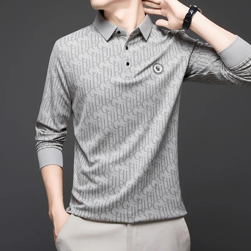 Herren Langarm-Poloshirt mit Abzeichen – Business Casual Uni-Oberteil