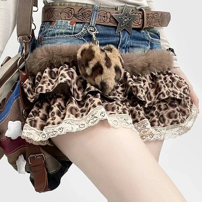 Harajuku Leopard Print Cake Skirt for Women | Y2K Low-Rise Ruffle Mini Skirt with Plush Keychain