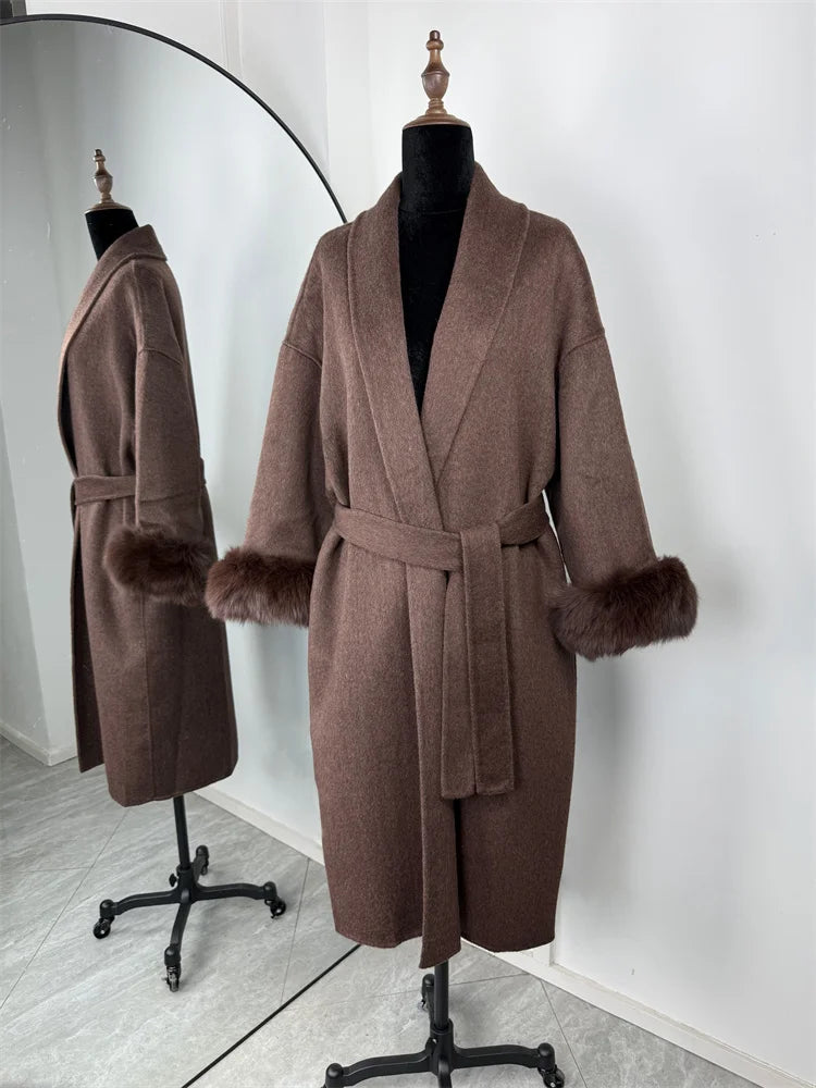 Luxuriöser Fuchsfell-Woll-Wintermantel für Damen – Eleganter doppelseitiger Wollmantel für Frauen,