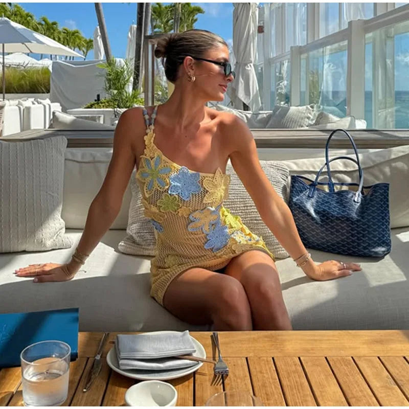 Yellow Women’s Knit Flower Sling Mini Sexy One-Shoulder Backless Dress