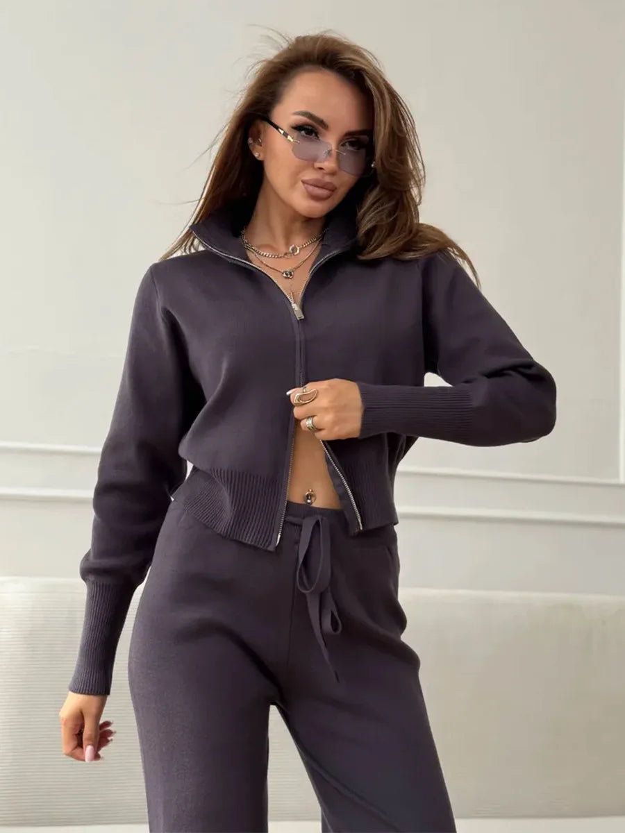 Women’s 2-Piece Ribbed Knit Lounge Set – Trendy Slim Fit Cardigan & Wide Leg Trousers