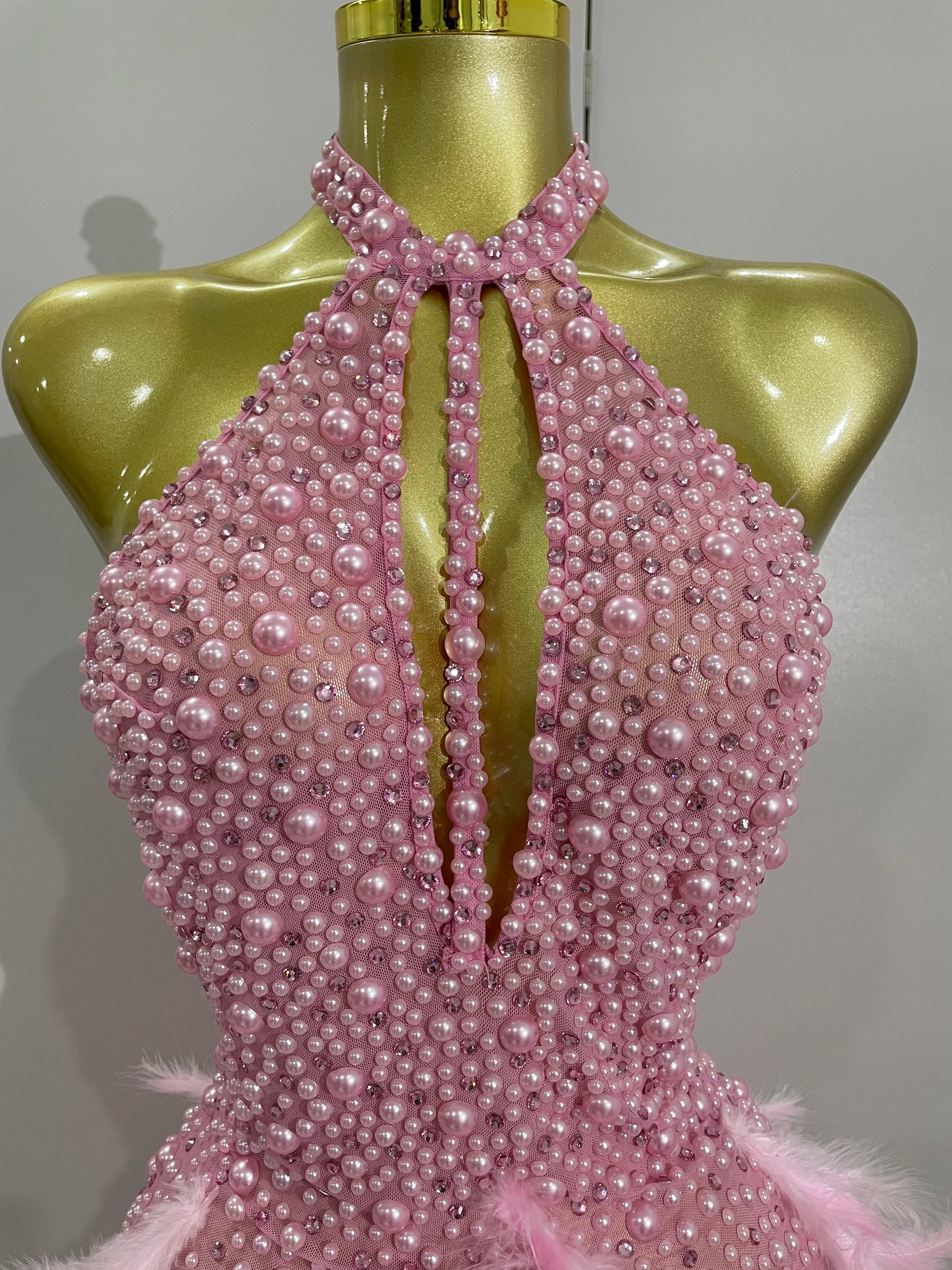 Luxury Women’s Rhinestone & Pearl Mini Dress – Sexy Feather Halter Backless Gown