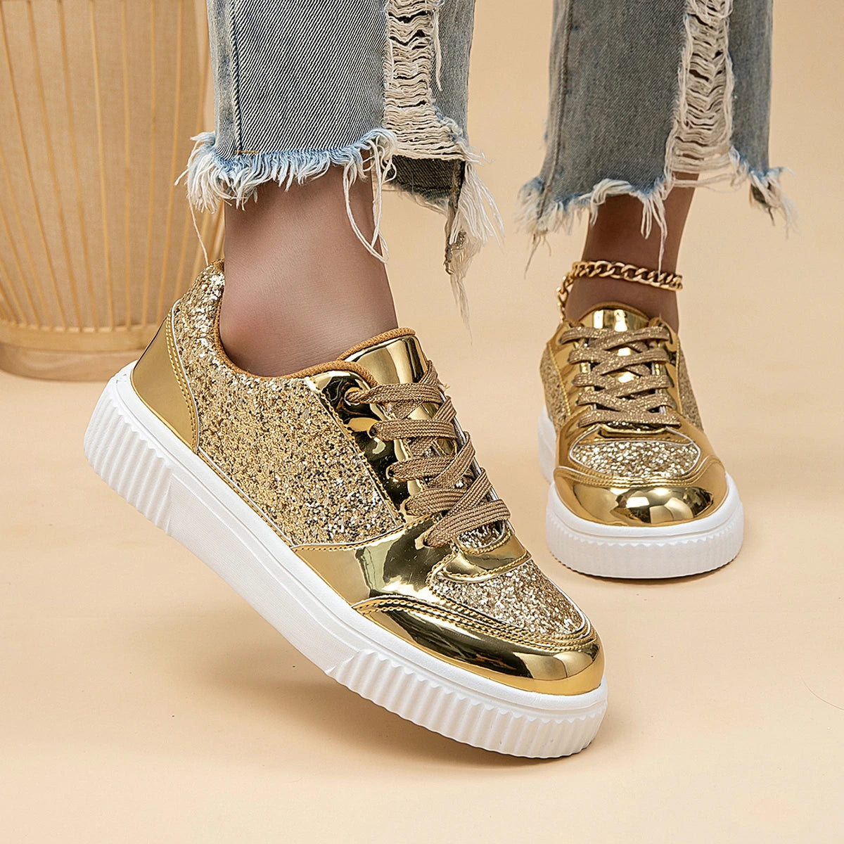 Glänzende silberne Board-Schuhe für Damen – modische atmungsaktive Mesh-Sneaker