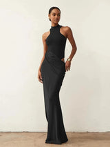 Damen Sexy Satin-Maxikleid mit Cut-Outs – Tailliertes Partykleid mit hoher Taille