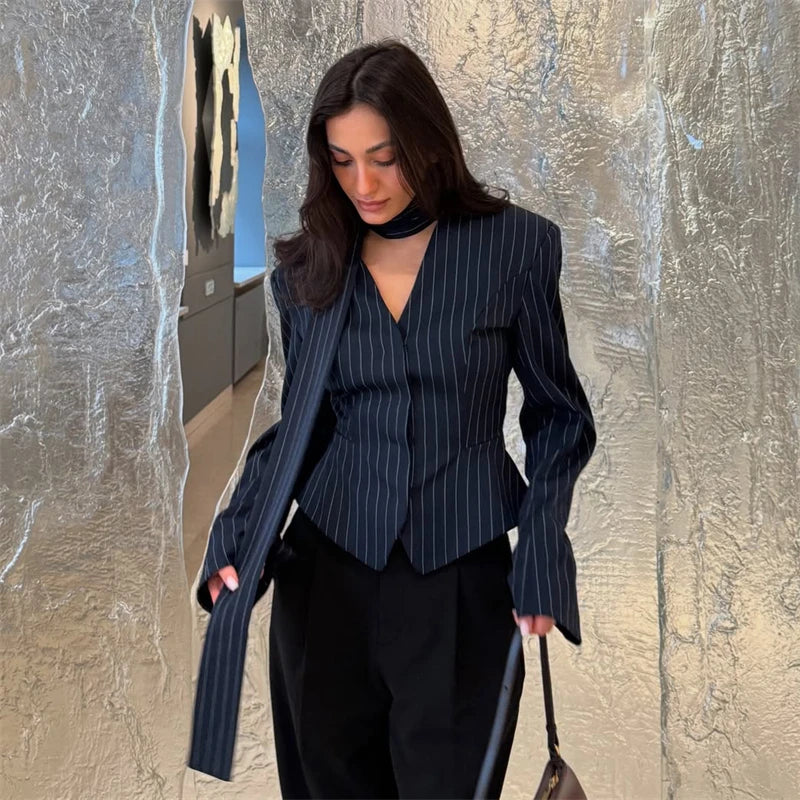Women’s 2-Piece Elegant Blazer Set – Striped Ribbon V-Neck Jacket with Matching Scarf