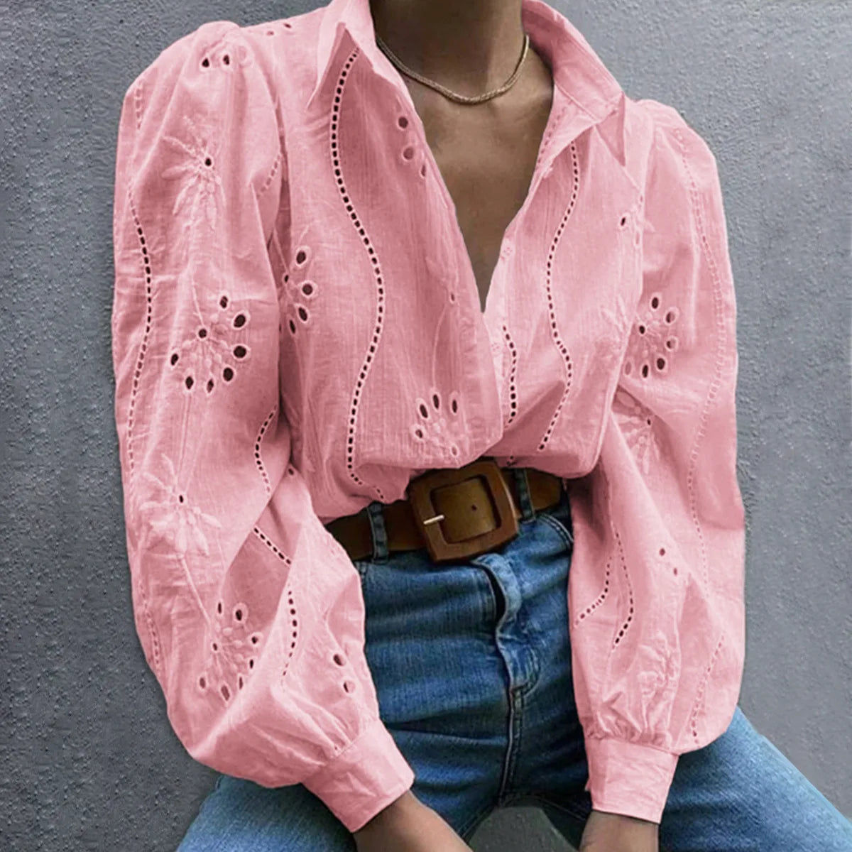 Women’s Hollow-Out Puff Sleeve Blouse – Casual Loose Solid Shirt