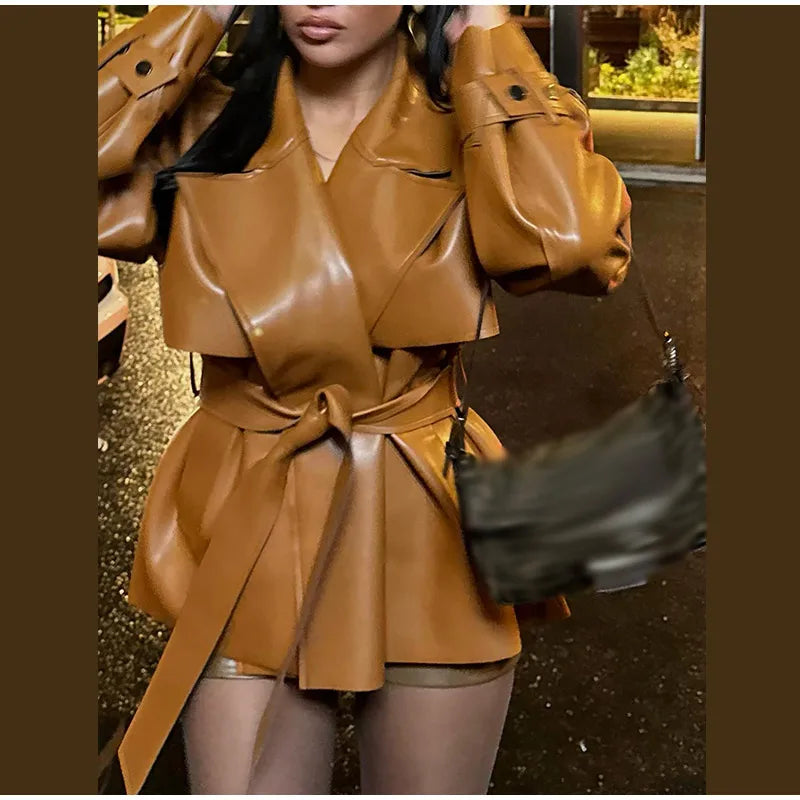 Women’s Vintage Leather Street Jacket with Belt – Oversized Loose Fit Lapel Moto Jacket