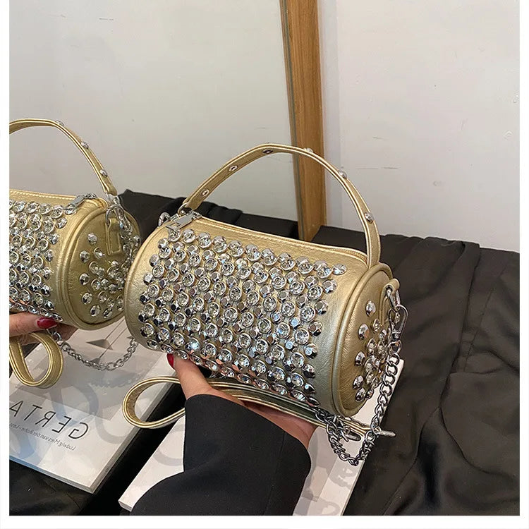 Luxuriöse Zylinder-Strass-Schultertasche | Handgefertigte Kristall-Kissen-Umhängetasche