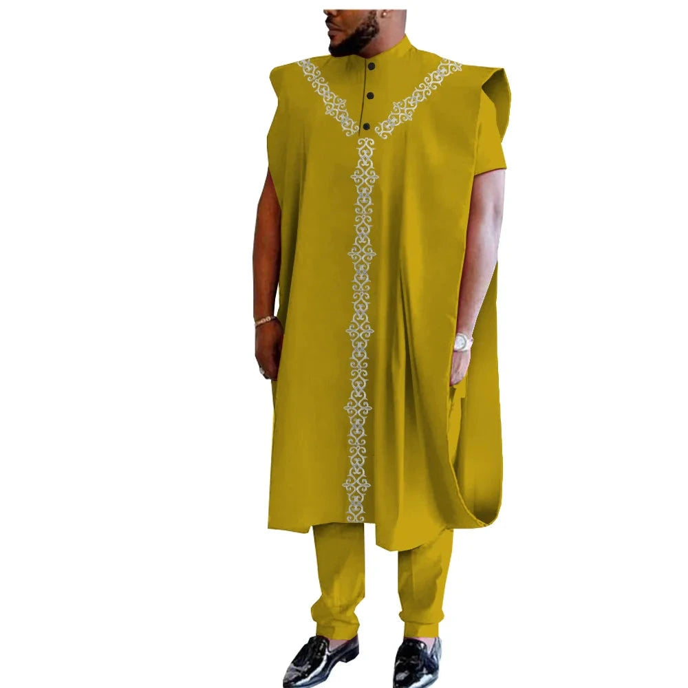 Afrikanisches 3-teiliges Set für Herren: Dashiki-Mantel, Kurzarmhemd und Ankara-Hose