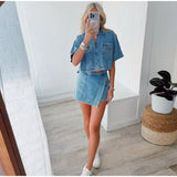 Damen 2-teiliges Denim-Set – Schmal geschnittenes V-Ausschnitt Crop Top & High-Waist Shorts