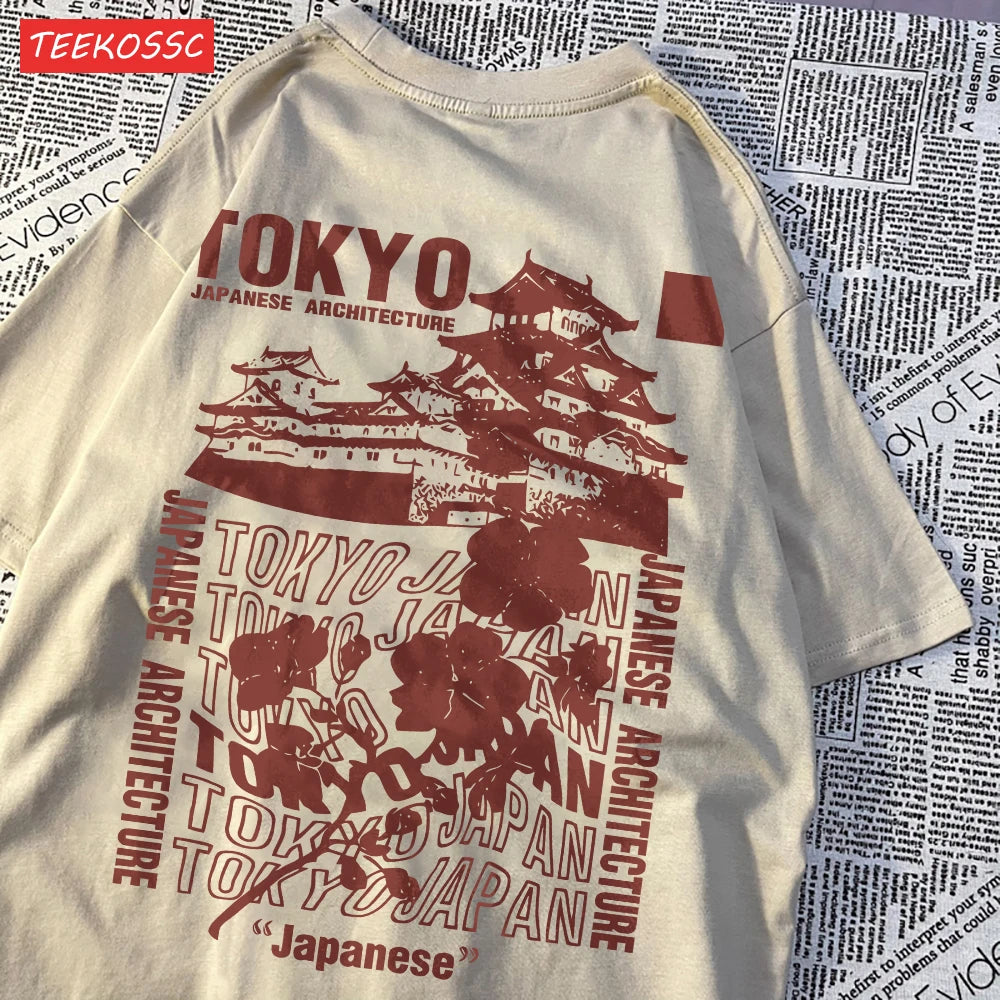 Women's Oversized Japanese Streetwear Cotton Top with Floral Print