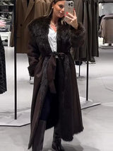 Braune Faux-Fur-Patchwork-Langjacke für Damen – Eleganter Gürtel-Schnür-Mantel