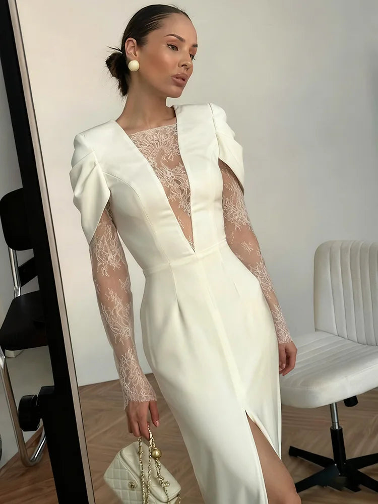 Women’s Sexy Patchwork Lace Maxi Dress – See-Through Long Sleeve Gown