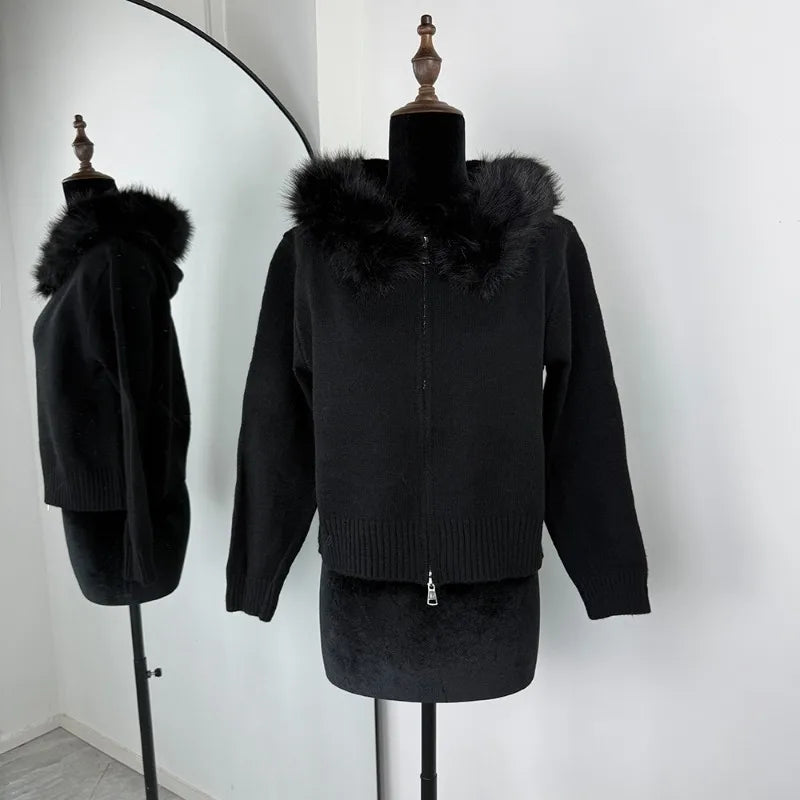 Women’s Winter Fluffy Hoodie Cardigan – Zipper Patchwork Knit Jacket