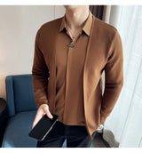Men’s Autumn Fake 2-Piece Knitted Cardigan – Traceless Shirt Collar Spliced Pullover