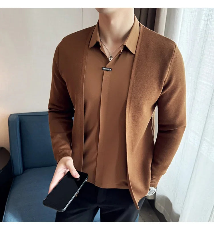 Men’s Autumn Fake 2-Piece Knitted Cardigan – Traceless Shirt Collar Spliced Pullover