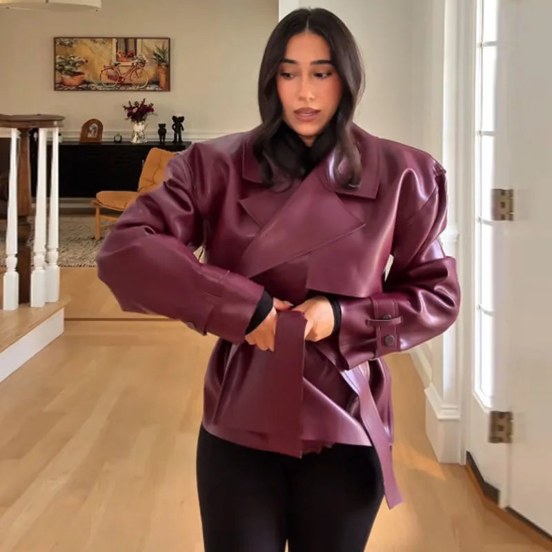 Women’s Vintage Leather Street Jacket with Belt – Oversized Loose Fit Lapel Moto Jacket
