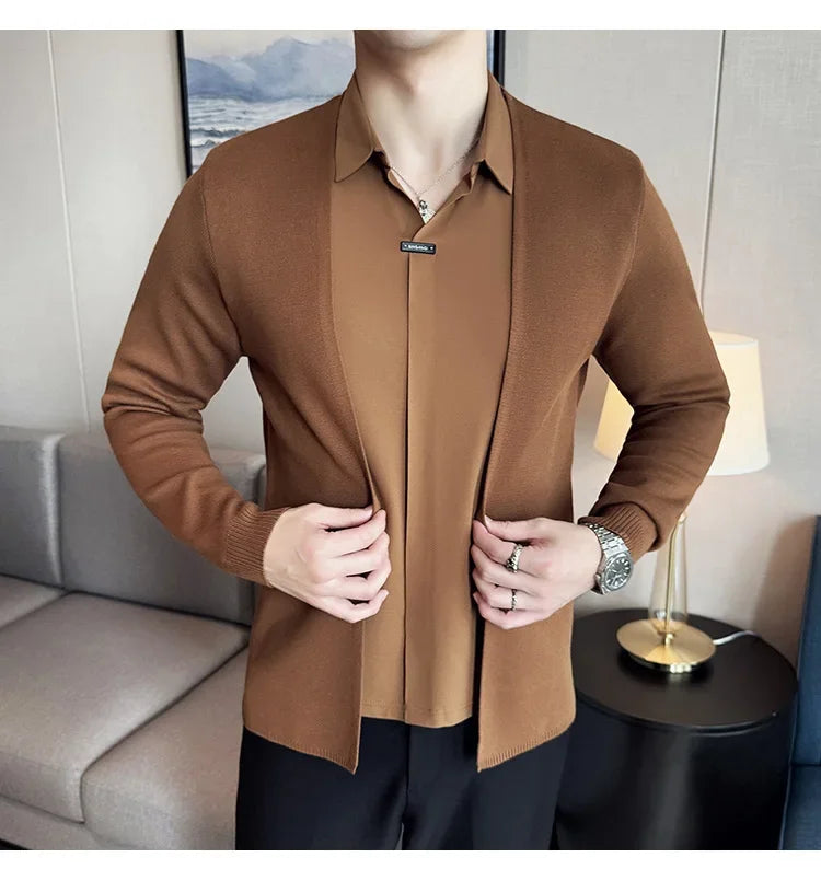 Men’s Autumn Fake 2-Piece Knitted Cardigan – Traceless Shirt Collar Spliced Pullover