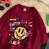 Cute Smiling Face Graffiti T-Shirt - Women's Fun Graphic Cotton Tee