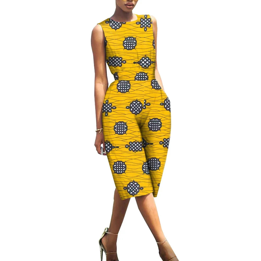 African Print Jumpsuit for Women | Sleeveless Bazin Riche Knee-Length Romper