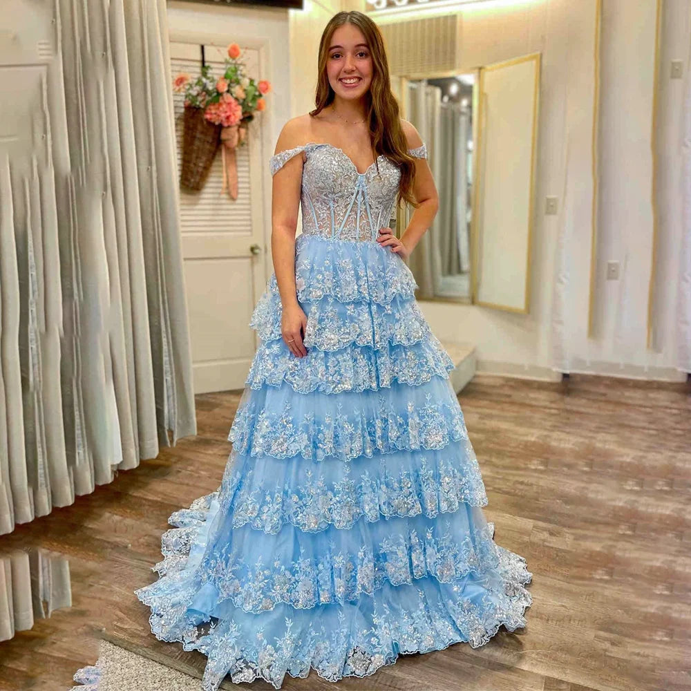 Puffy Off-Shoulder Evening Dress | Layered Tulle Sweetheart Prom Gown