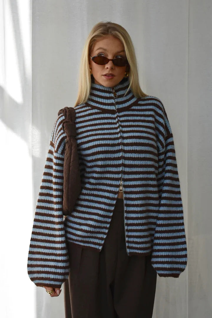 Women’s Casual Turtleneck Ribbed Sweater – Loose Full Sleeve Zipper Cardigan