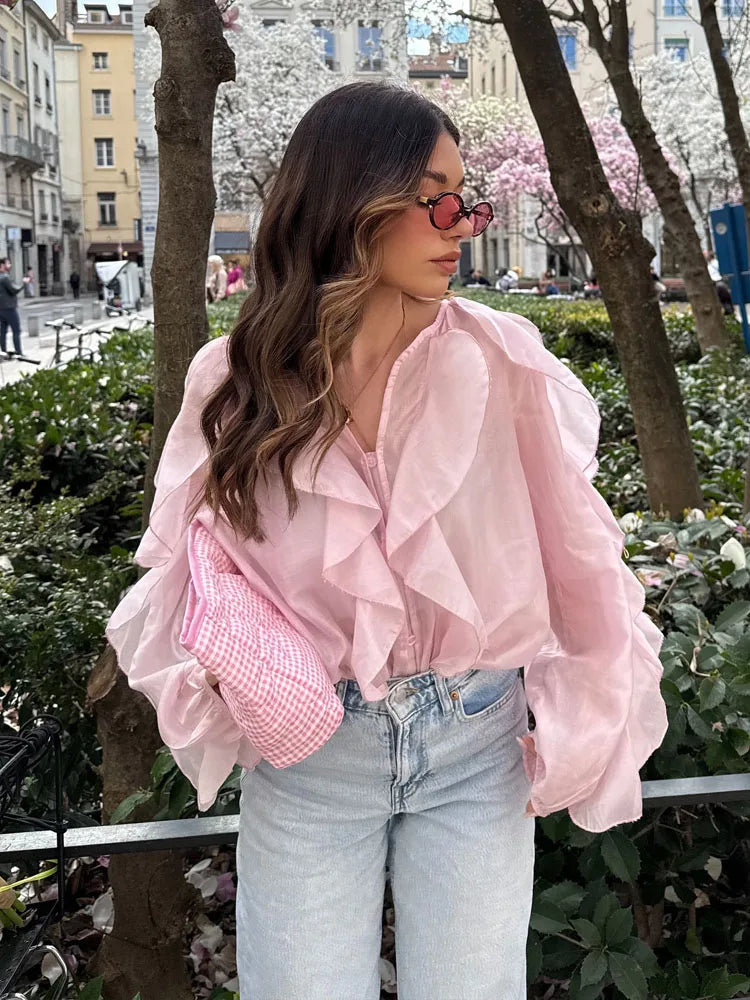 Women’s Elegant V-Neck Blouse – Single-Breasted Long Sleeve Shirt