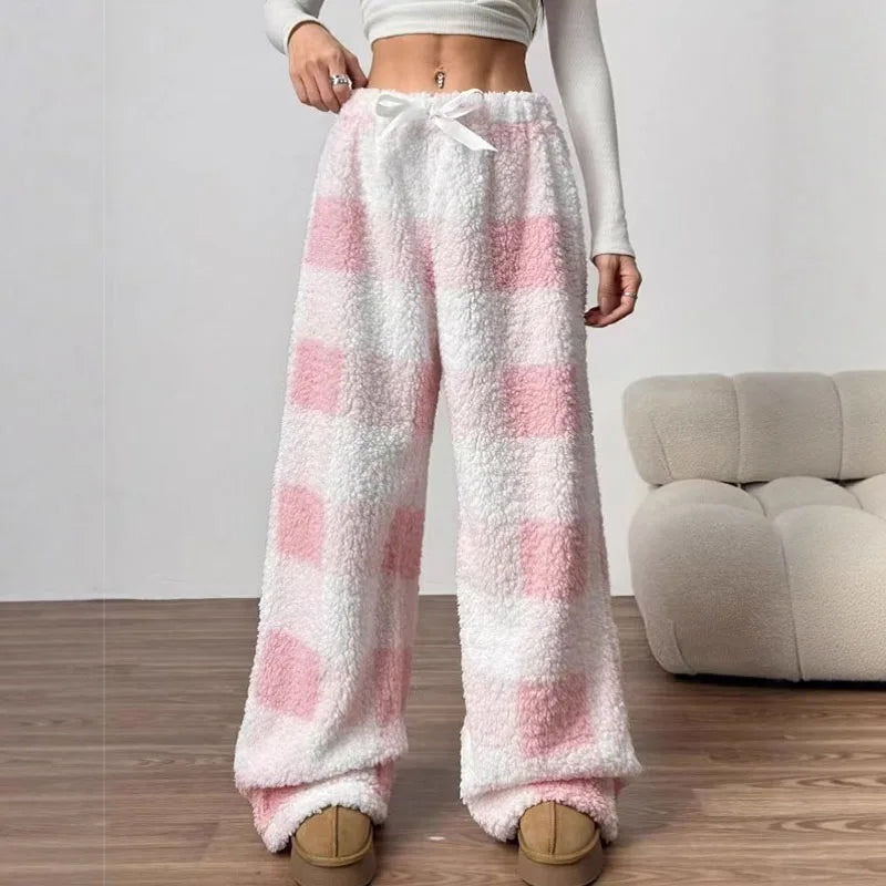 Damen karierte weite Hosen Lässig Hoher Bund Kontrast-Schnürung gerade Hose