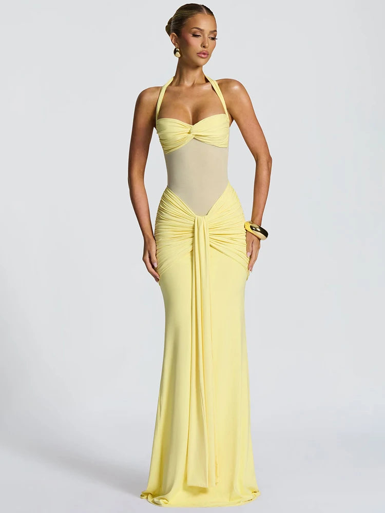 Sexy Halter Backless Maxi Dress – Women’s Patchwork Off-Shoulder Bodycon