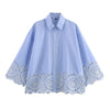 Women’s Blue Embroidery Hollow Out Shirt | Front Button Lapel Collar Blouse