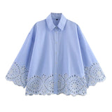 Women’s Blue Embroidery Hollow Out Shirt | Front Button Lapel Collar Blouse