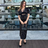 Damen Sexy Hohlspitze Kleid – Elegantes Kurzarm-Kleid mit Druck, hoher Taille und schmaler Passform für Sommerpartys